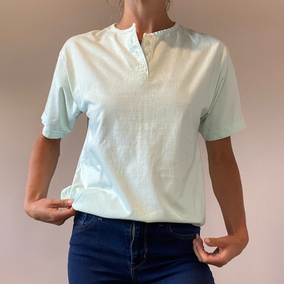 Vintage Mint Green/Light Blue T-Shirt with Buttons - Picture 5 of 9